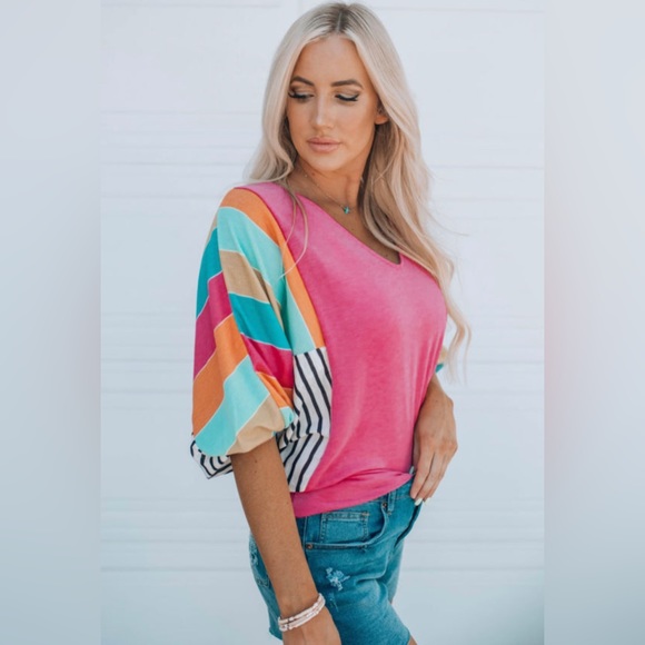“Katie” Rose stripe color block bubble sleeve top - Picture 2 of 5